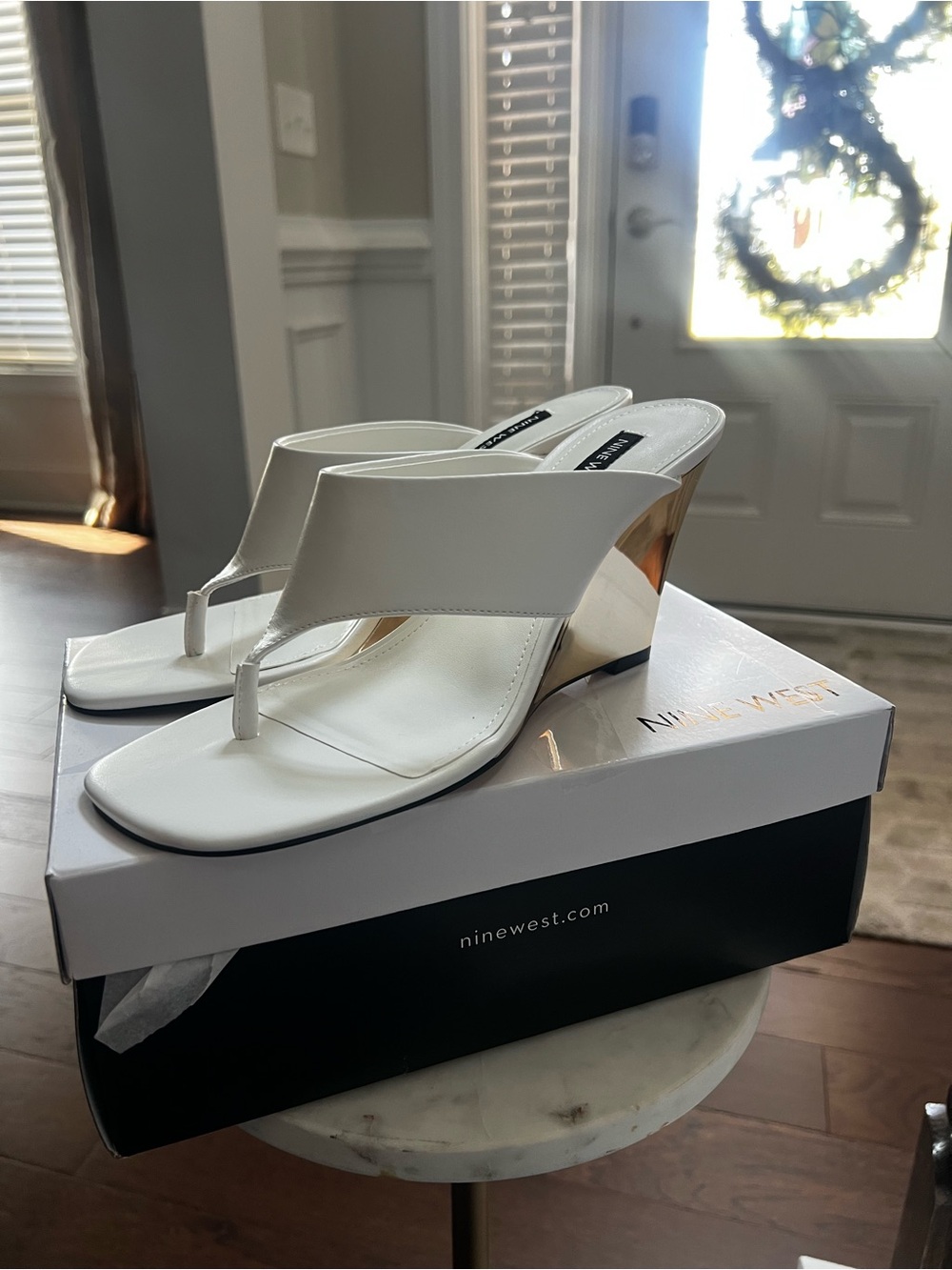 Nine West White Wedge Thong Sandals with Metallic Heel